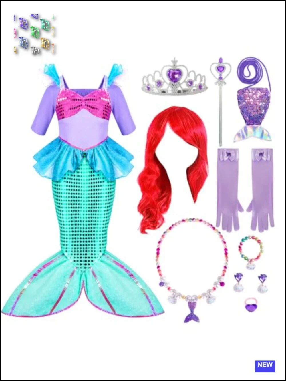 10pc Little Mermaid Sequin Dress Costume Set Girls Halloween Cosplay Wig &